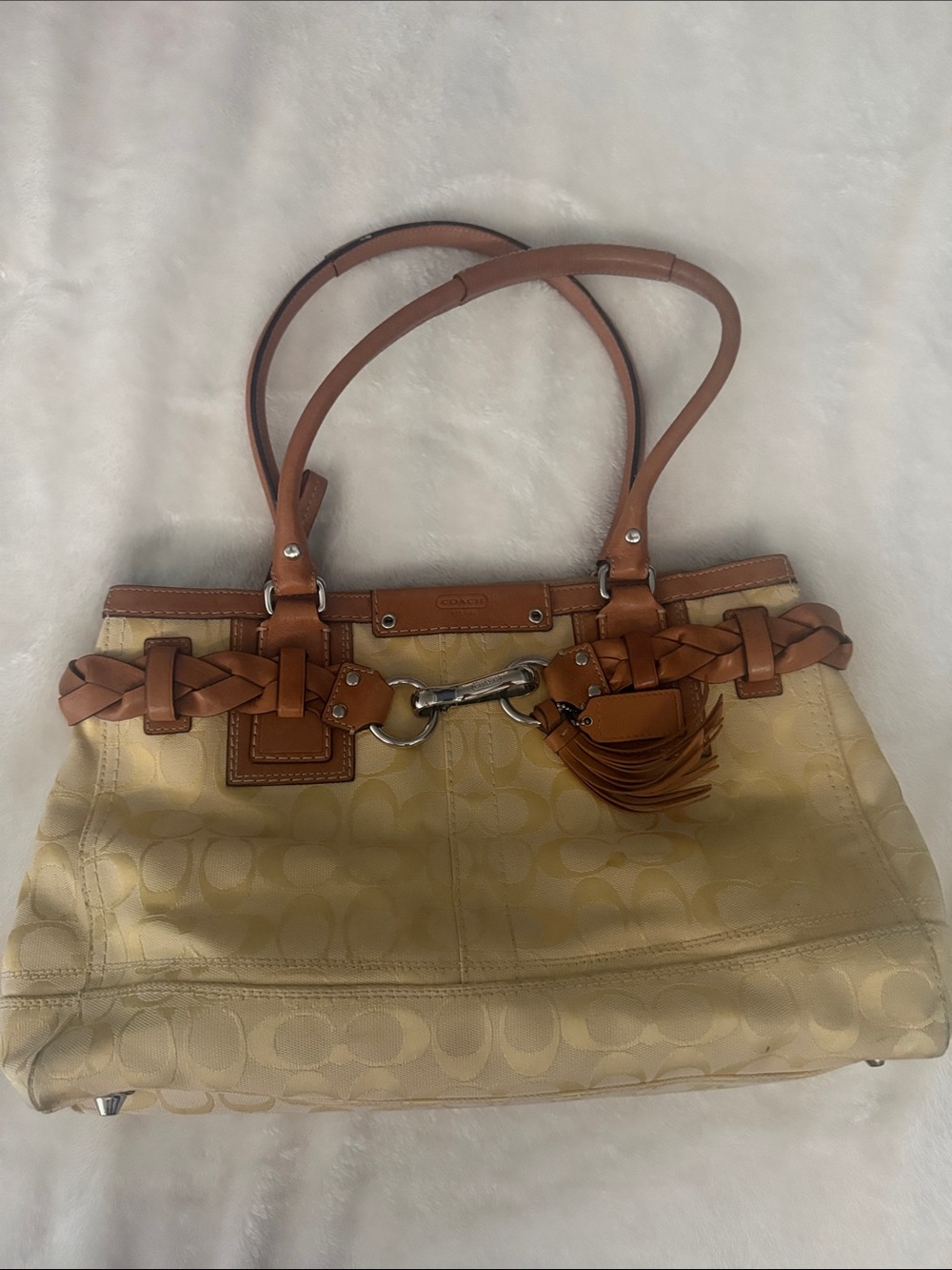 Coach yellow Canvas Shoulder Tote with Tan Leather Trim